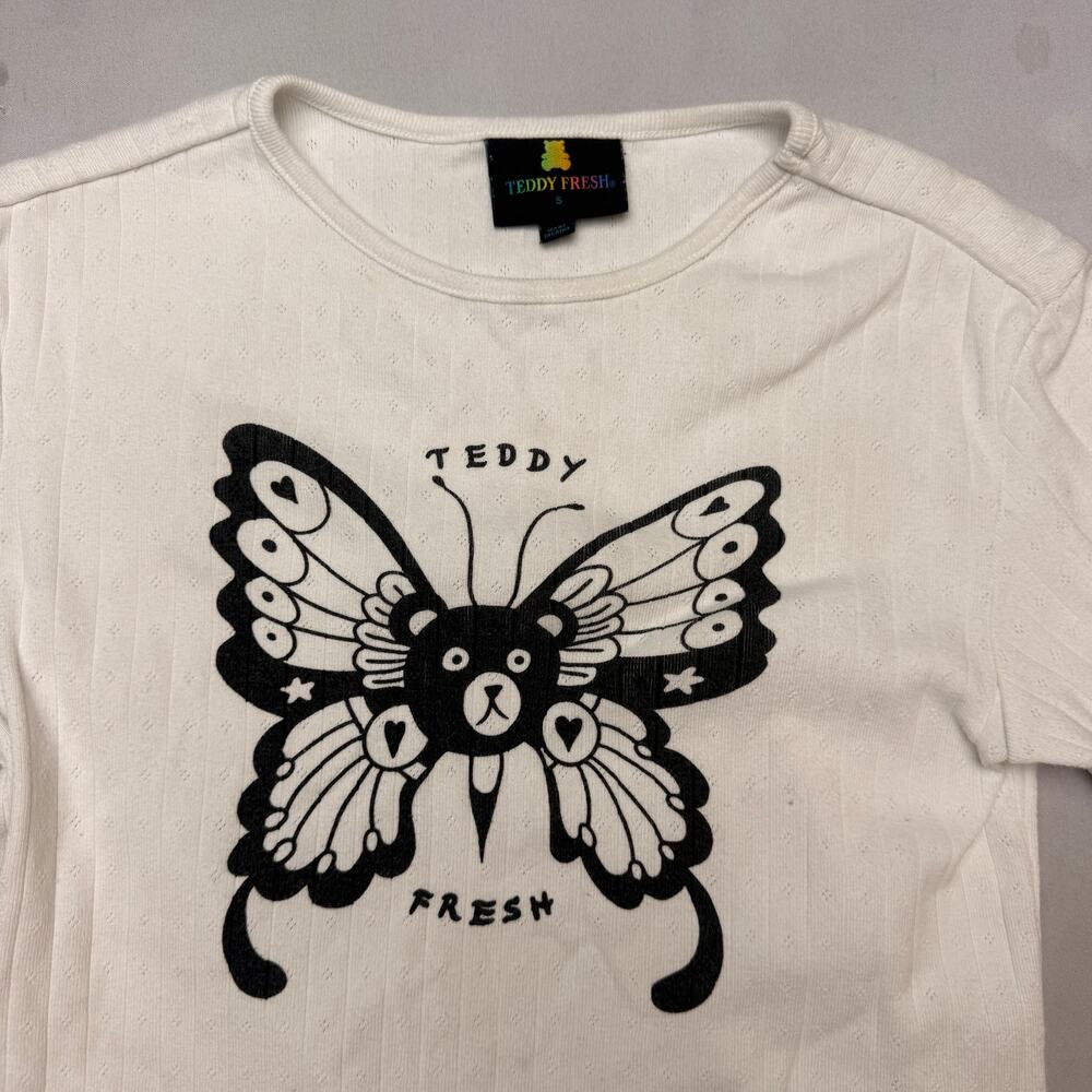 Teddy Fresh Butterfly Lettuce Trim Pointelle Shirt Women’s S Coquette Y2K - Picture 3 of 9